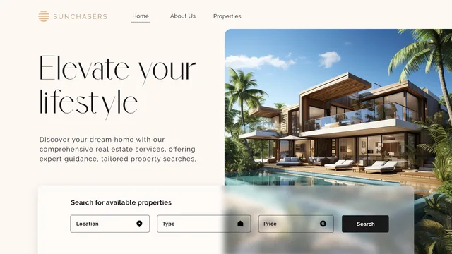 Real estate website layout with a tropical house and property search